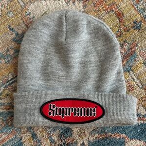 Supreme Light Gray Beanie with Red Oval Patch Logo